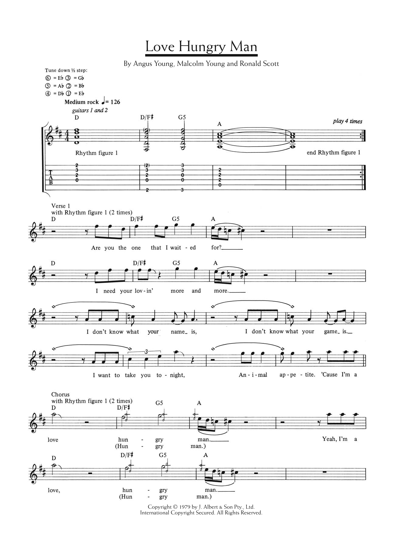 Download AC/DC Love Hungry Man Sheet Music and learn how to play Lyrics & Chords PDF digital score in minutes