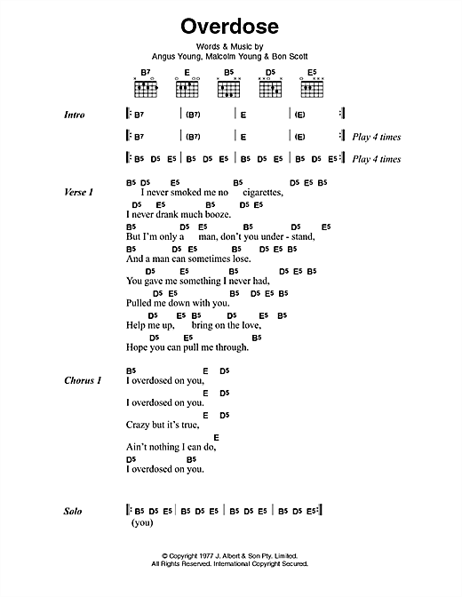 Download AC/DC Overdose Sheet Music and learn how to play Lyrics & Chords PDF digital score in minutes