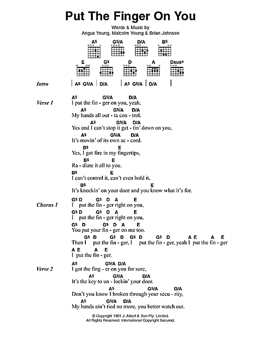 Download AC/DC Put The Finger On You Sheet Music and learn how to play Lyrics & Chords PDF digital score in minutes
