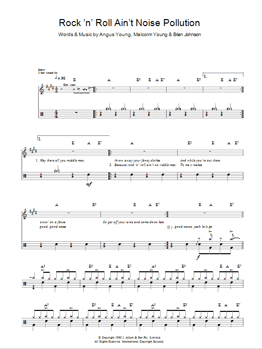 Download AC/DC Rock And Roll Ain't Noise Pollution Sheet Music and learn how to play Drums PDF digital score in minutes
