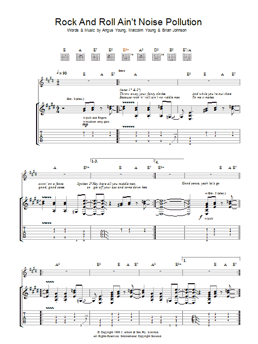 Download AC/DC Rock And Roll Ain't Noise Pollution Sheet Music and learn how to play Easy Guitar Tab PDF digital score in minutes