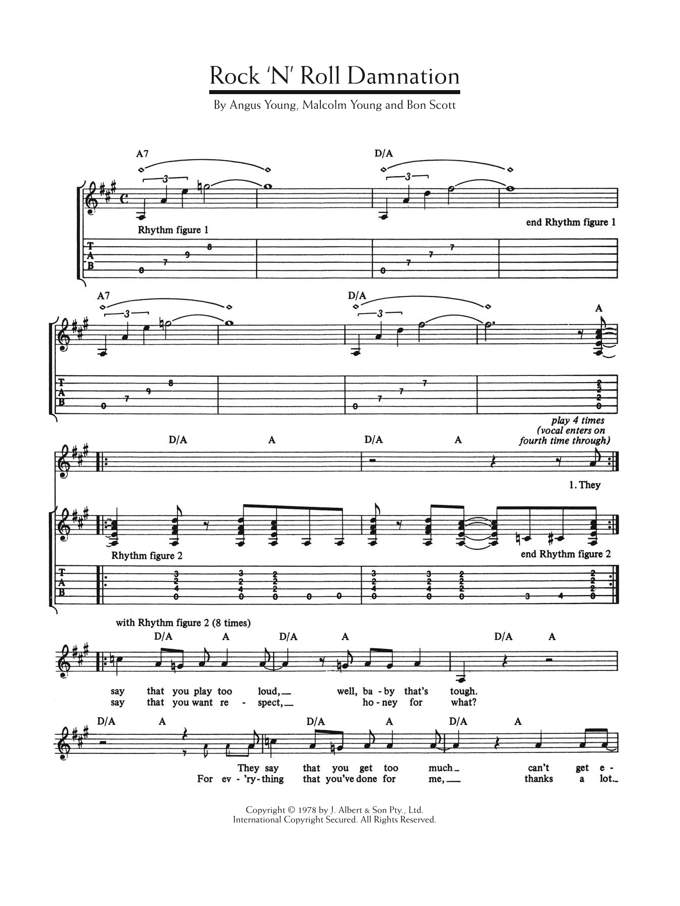 Download AC/DC Rock 'n' Roll Damnation Sheet Music and learn how to play Lyrics & Chords PDF digital score in minutes
