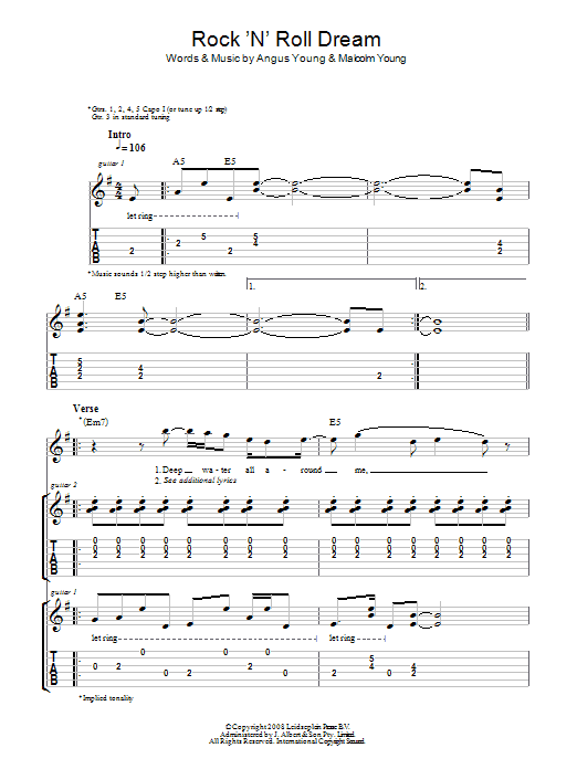 Download AC/DC Rock 'N' Roll Dream Sheet Music and learn how to play Guitar Tab PDF digital score in minutes