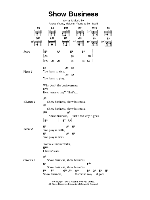 Download AC/DC Show Business Sheet Music and learn how to play Lyrics & Chords PDF digital score in minutes