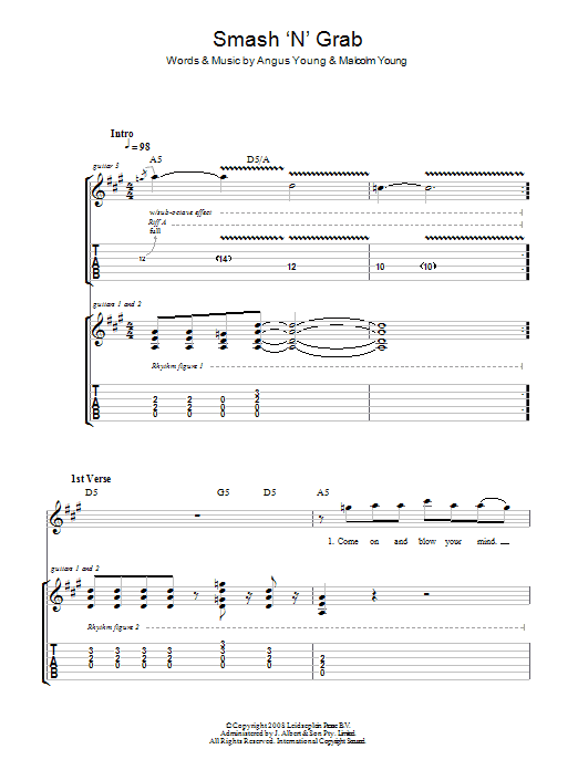 Download AC/DC Smash 'N' Grab Sheet Music and learn how to play Guitar Tab PDF digital score in minutes