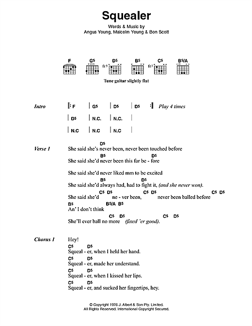 Download AC/DC Squealer Sheet Music and learn how to play Lyrics & Chords PDF digital score in minutes