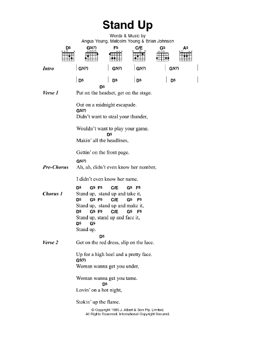 Download AC/DC Stand Up Sheet Music and learn how to play Lyrics & Chords PDF digital score in minutes