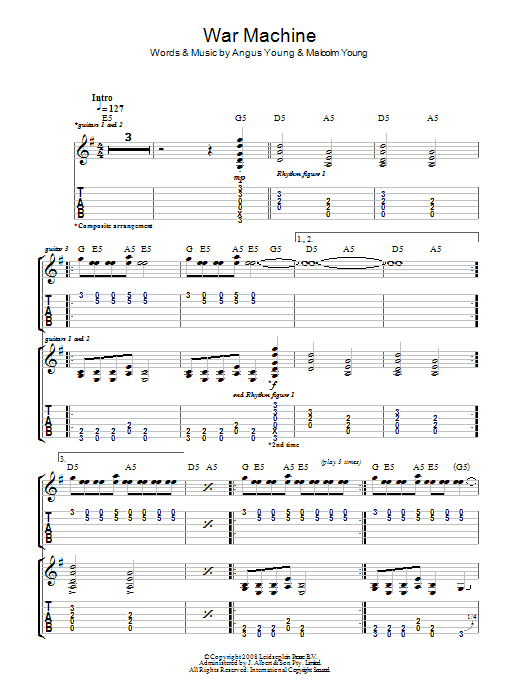 Download AC/DC War Machine Sheet Music and learn how to play Guitar Tab PDF digital score in minutes