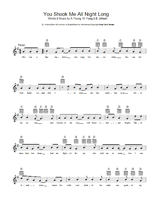 Download AC/DC You Shook Me All Night Long Sheet Music and learn how to play Guitar Lead Sheet PDF digital score in minutes