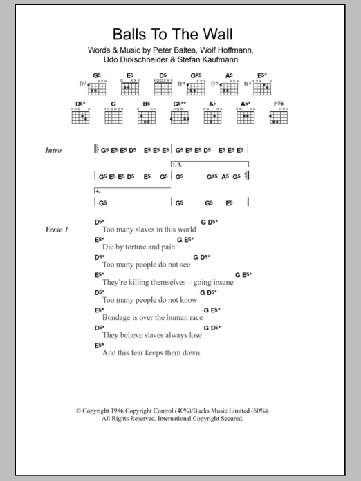 Download Accept Balls To The Wall Sheet Music and learn how to play Guitar Chords/Lyrics PDF digital score in minutes