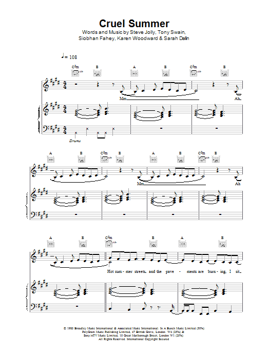 Download Ace Of Base Cruel Summer Sheet Music and learn how to play Piano, Vocal & Guitar (Right-Hand Melody) PDF digital score in minutes