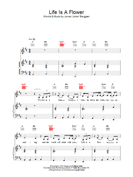 Download Ace Of Base Life is a Flower Sheet Music and learn how to play Piano, Vocal & Guitar (Right-Hand Melody) PDF digital score in minutes