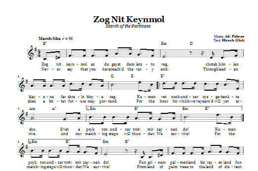 Download Ad. Pokras Zog Nit Keynmol (March Of The Partisans) Sheet Music and learn how to play Melody Line, Lyrics & Chords PDF digital score in minutes