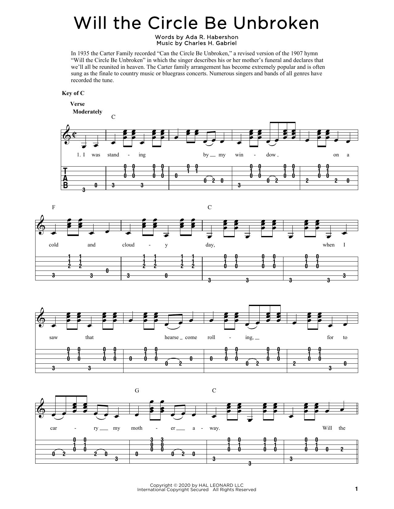 Download Ada R. Habershon Will The Circle Be Unbroken (arr. Fred Sokolow) Sheet Music and learn how to play Solo Guitar PDF digital score in minutes