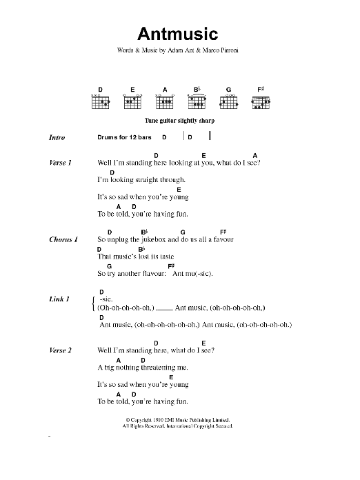 Download Adam and the Ants Antmusic Sheet Music and learn how to play Lyrics & Chords PDF digital score in minutes