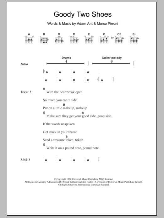 Download Adam and the Ants Goody Two Shoes Sheet Music and learn how to play Lyrics & Chords PDF digital score in minutes