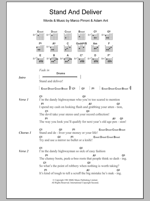 Download Adam and the Ants Stand And Deliver Sheet Music and learn how to play Lyrics & Chords PDF digital score in minutes