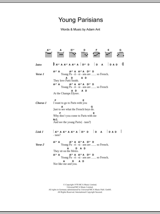 Download Adam and the Ants Young Parisians Sheet Music and learn how to play Lyrics & Chords PDF digital score in minutes