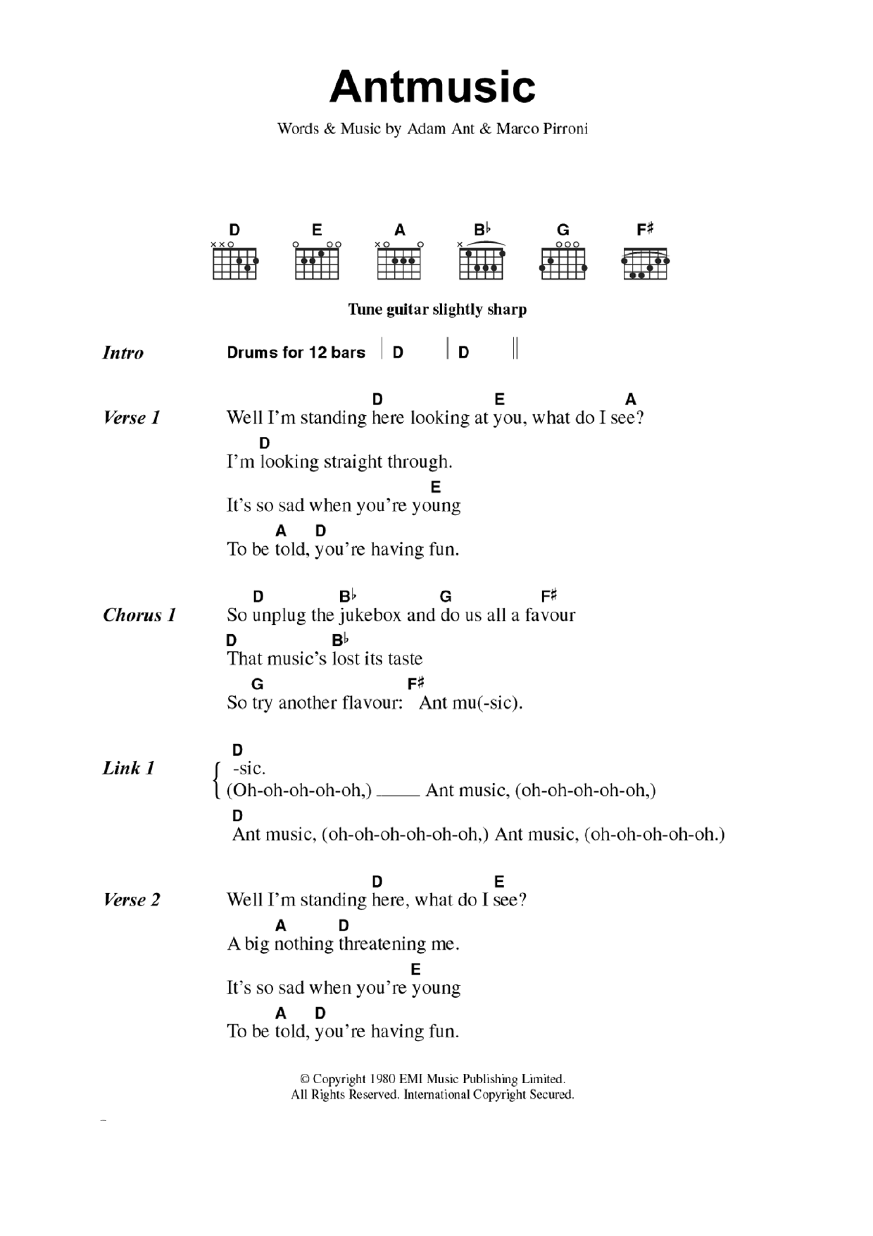 Download Adam And The Ants Antmusic Sheet Music and learn how to play Guitar Chords/Lyrics PDF digital score in minutes