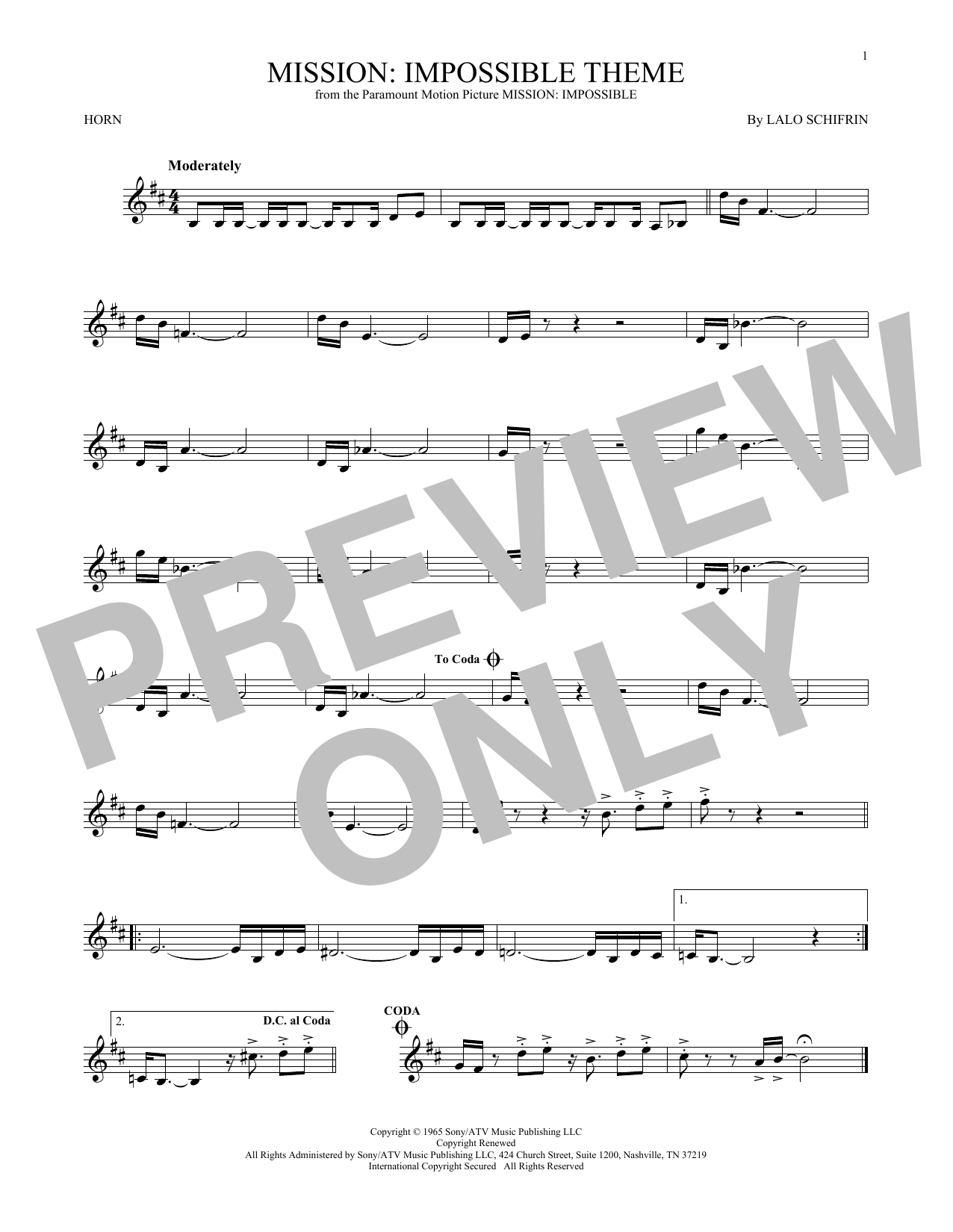 Download Adam Clayton and Larry Mullen Mission: Impossible Theme Sheet Music and learn how to play French Horn PDF digital score in minutes