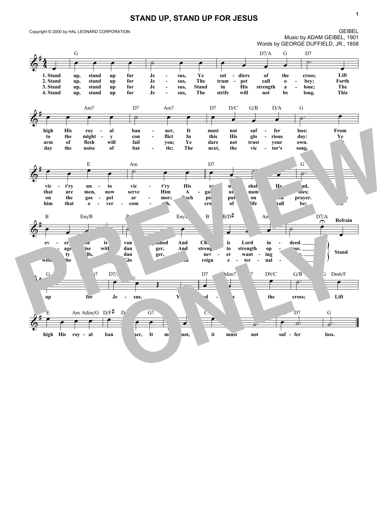 Download George Duffield, Jr. Stand Up, Stand Up For Jesus Sheet Music and learn how to play Melody Line, Lyrics & Chords PDF digital score in minutes