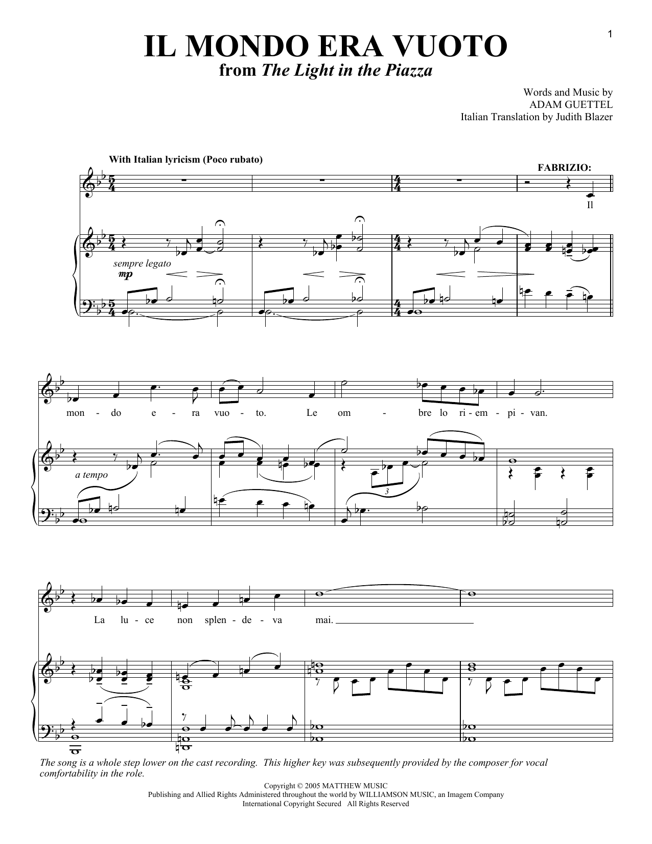 Download Adam Guettel Il Mondo Era Vuoto Sheet Music and learn how to play Piano, Vocal & Guitar (Right-Hand Melody) PDF digital score in minutes