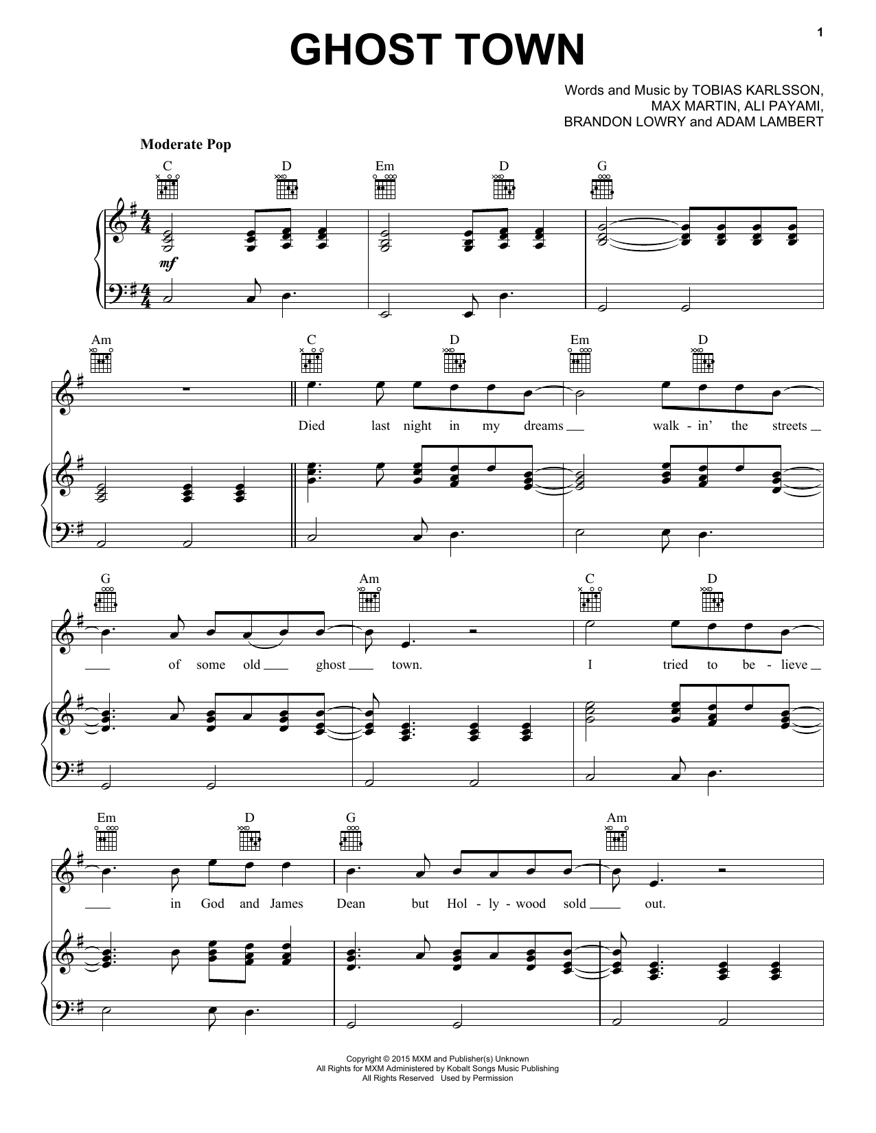 Download Adam Lambert Ghost Town Sheet Music and learn how to play Piano, Vocal & Guitar (Right-Hand Melody) PDF digital score in minutes
