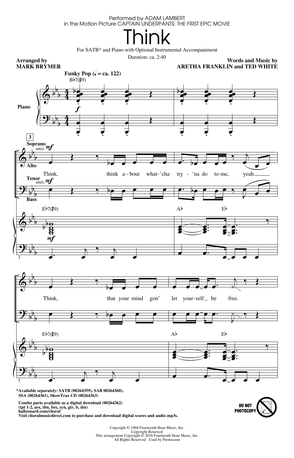 Download Adam Lambert Think (from Captain Underpants: The First Epic Movie) (Arr. Mark Brymer) Sheet Music and learn how to play SSA Choir PDF digital score in minutes