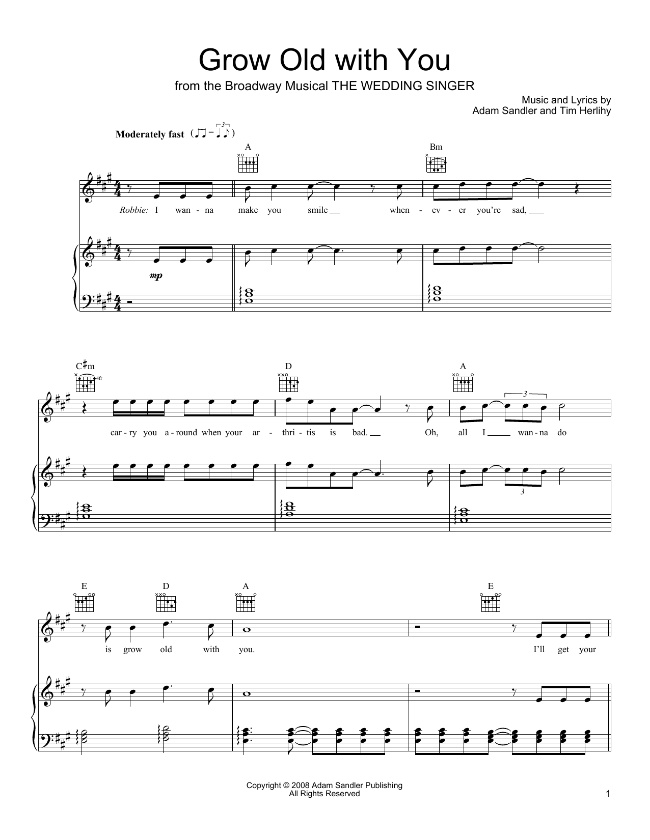 Download Adam Sandler Grow Old With You (from The Wedding Singer) Sheet Music and learn how to play Piano, Vocal & Guitar Chords (Right-Hand Melody) PDF digital score in minutes