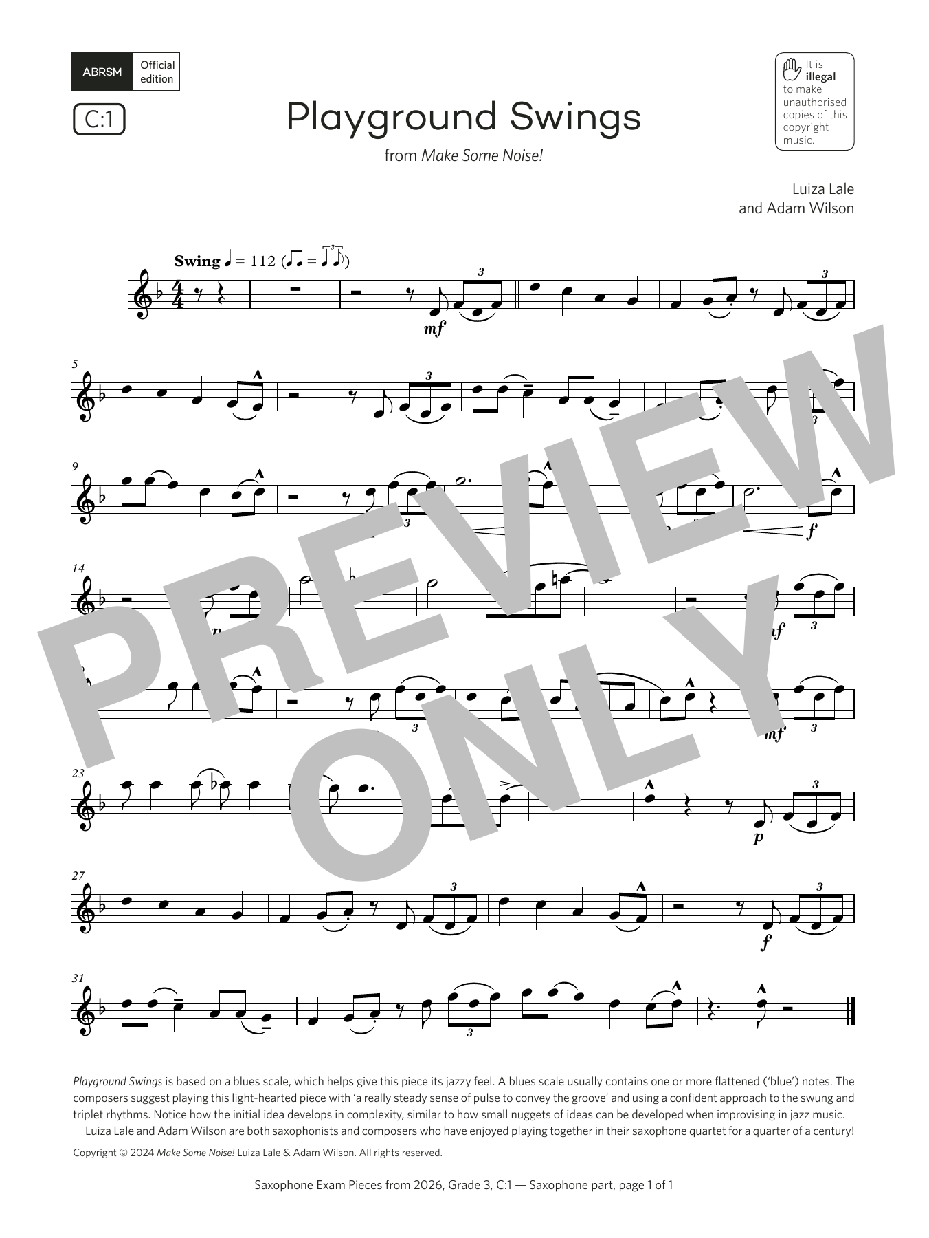 Download Adam Wilson Playground Swings (Grade 3, list C1, from the ABRSM Saxophone Syllabus from 2026 Sheet Music and learn how to play Alto Sax Solo PDF digital score in minutes