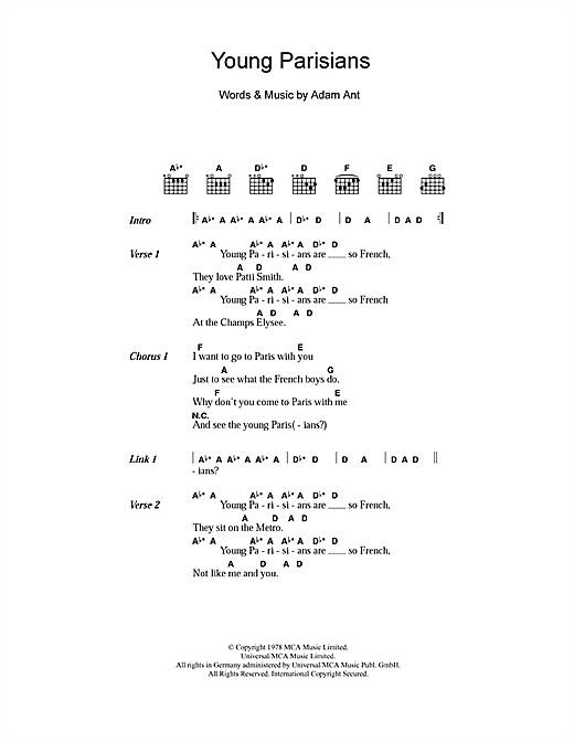 Download Adam and the Ants Young Parisians Sheet Music and learn how to play Lyrics & Chords PDF digital score in minutes