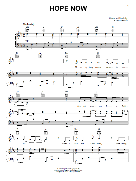 Download Addison Road Hope Now Sheet Music and learn how to play Piano, Vocal & Guitar (Right-Hand Melody) PDF digital score in minutes