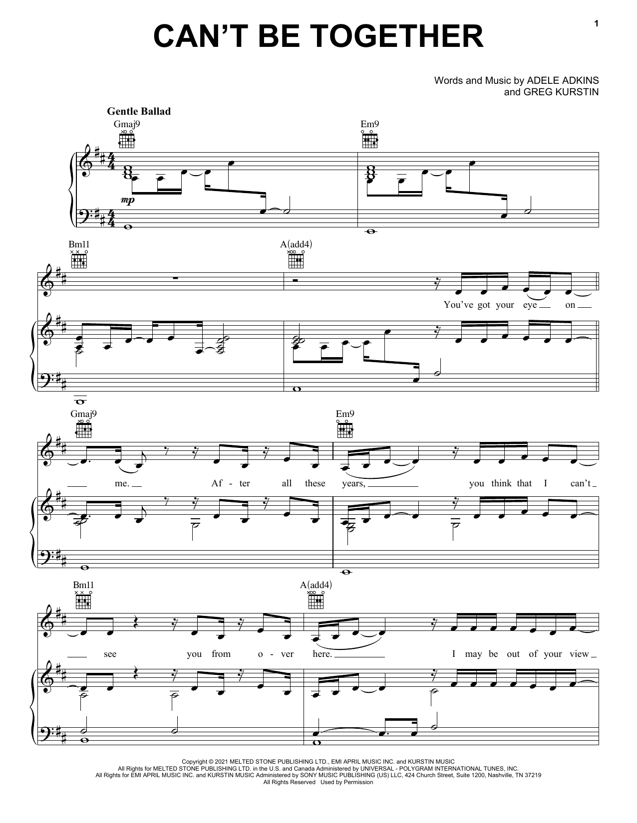 Download Adele Can't Be Together Sheet Music and learn how to play Piano, Vocal & Guitar Chords (Right-Hand Melody) PDF digital score in minutes