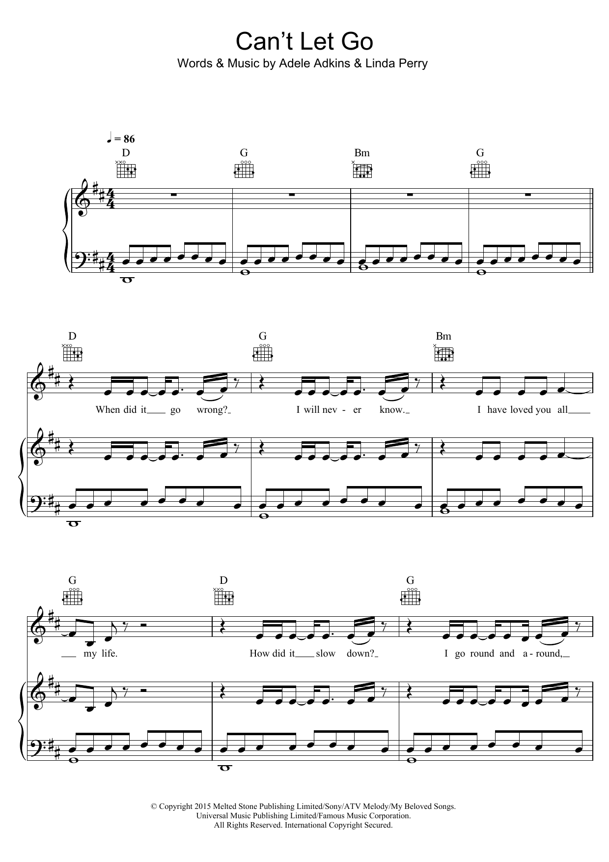 Download Adele Can't Let Go Sheet Music and learn how to play Piano, Vocal & Guitar (Right-Hand Melody) PDF digital score in minutes