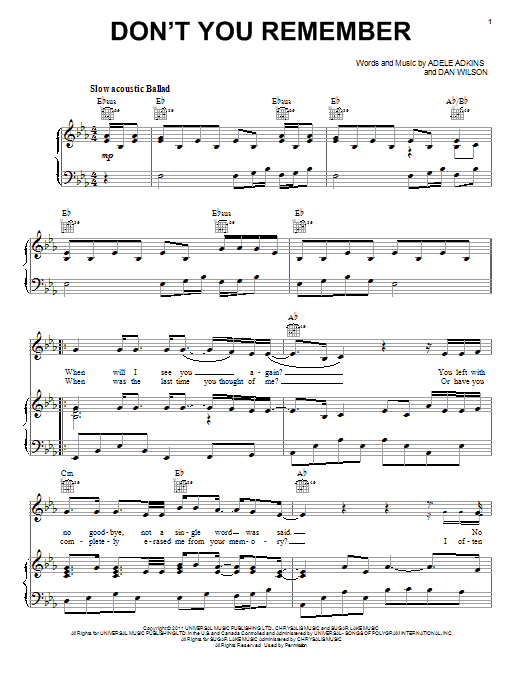 Download Adele Don't You Remember Sheet Music and learn how to play Piano, Vocal & Guitar PDF digital score in minutes