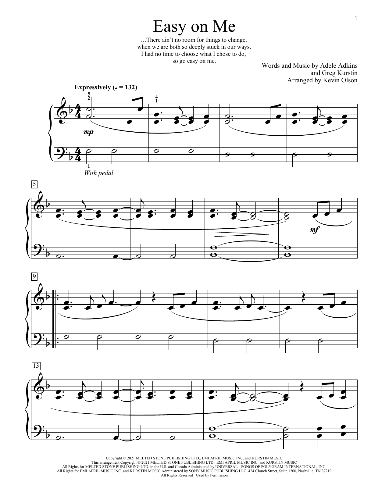 Download Adele Easy On Me (arr. Kevin Olson) Sheet Music and learn how to play Educational Piano PDF digital score in minutes