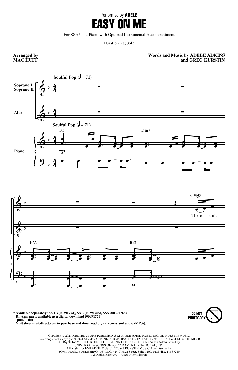 Download Adele Easy On Me (arr. Mac Huff) Sheet Music and learn how to play SATB Choir PDF digital score in minutes