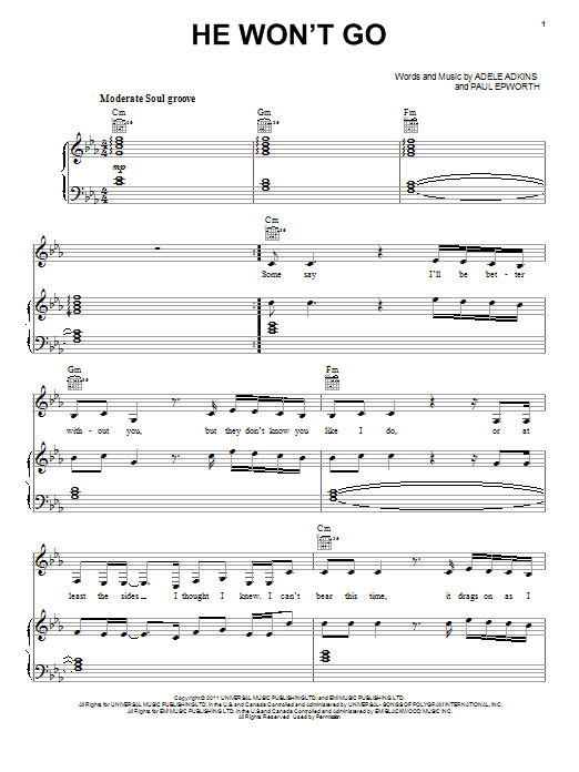 Download Adele He Won't Go Sheet Music and learn how to play Easy Piano PDF digital score in minutes