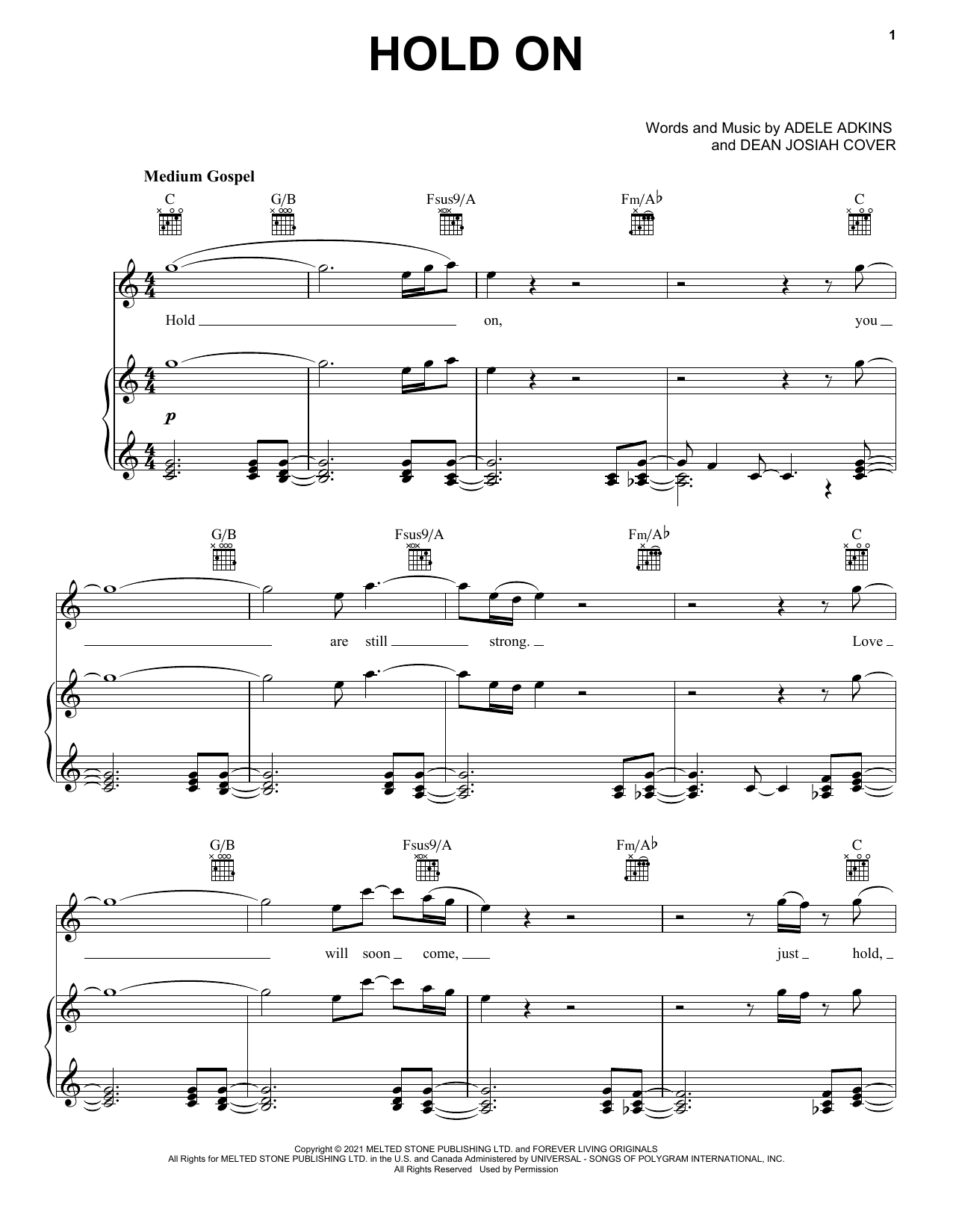Download Adele Hold On Sheet Music and learn how to play Piano, Vocal & Guitar Chords (Right-Hand Melody) PDF digital score in minutes