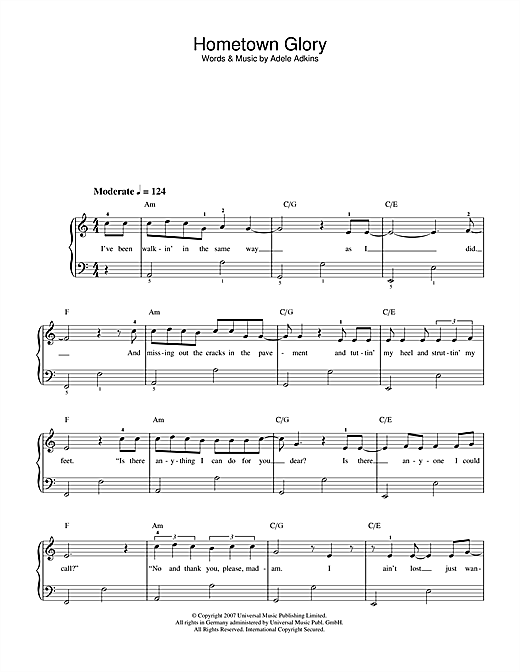 Download Adele Hometown Glory (Radio Edit) Sheet Music and learn how to play Beginner Piano PDF digital score in minutes