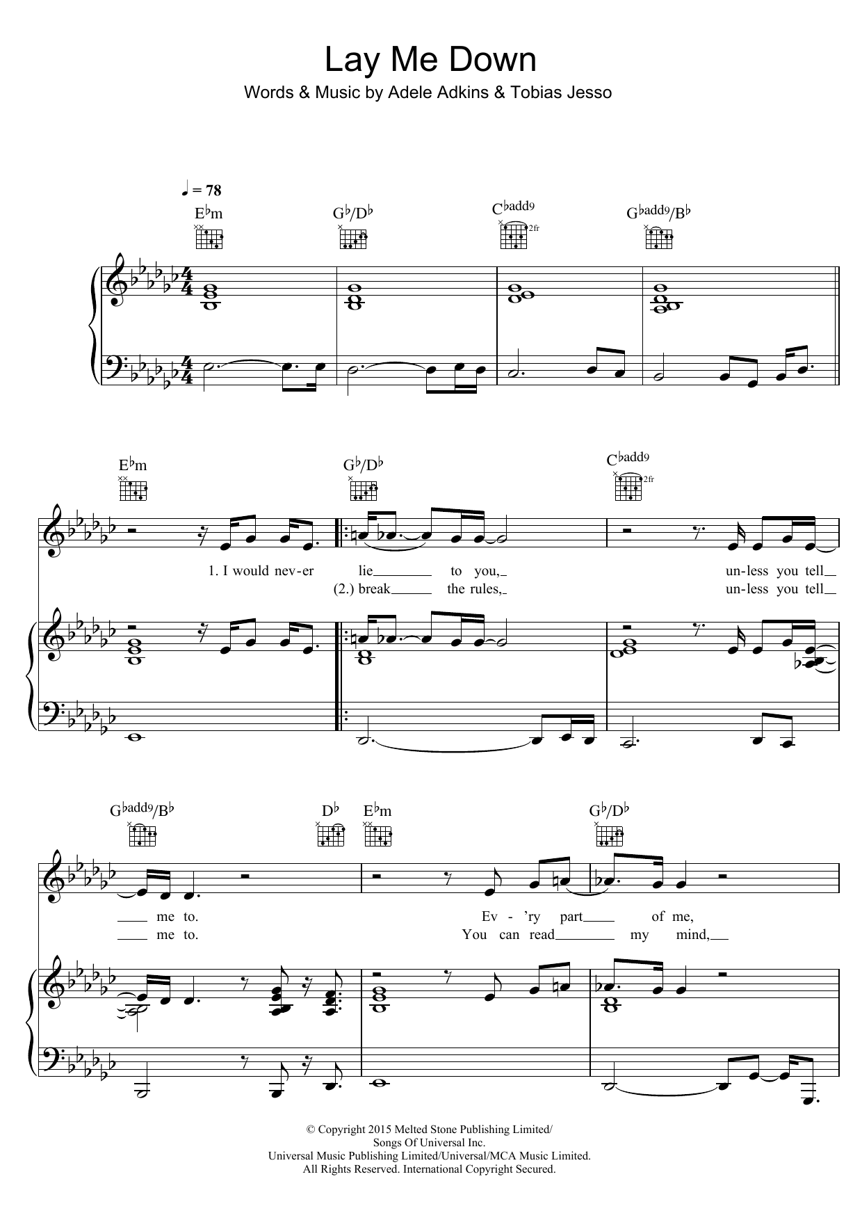 Download Adele Lay Me Down Sheet Music and learn how to play Piano, Vocal & Guitar (Right-Hand Melody) PDF digital score in minutes