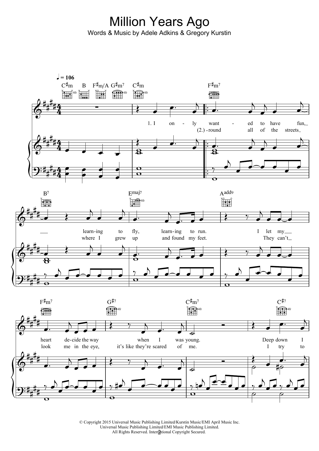 Download Adele Million Years Ago Sheet Music and learn how to play Piano, Vocal & Guitar (Right-Hand Melody) PDF digital score in minutes