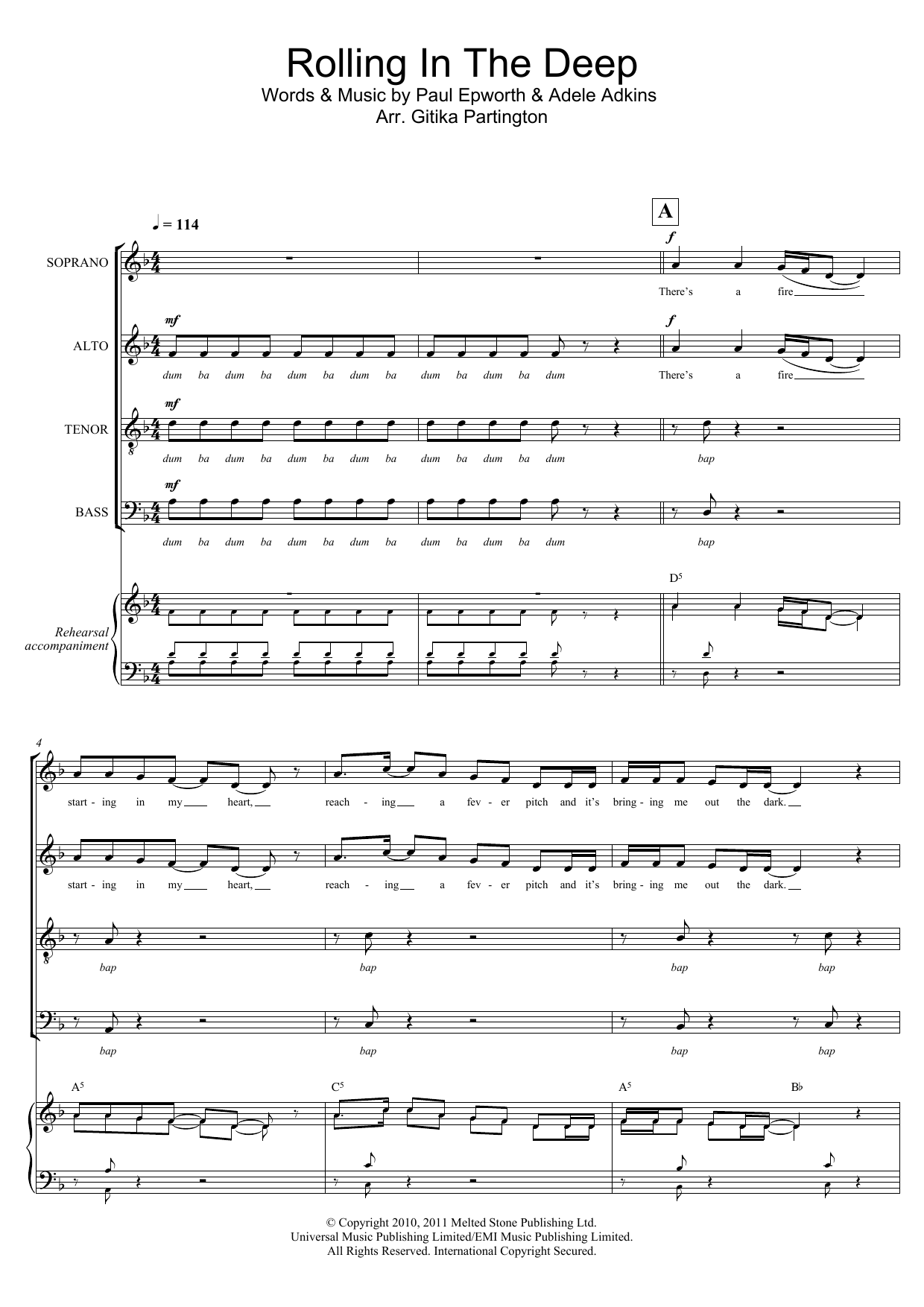 Download Adele Rolling In The Deep (arr. Gitika Partington) Sheet Music and learn how to play SATB PDF digital score in minutes