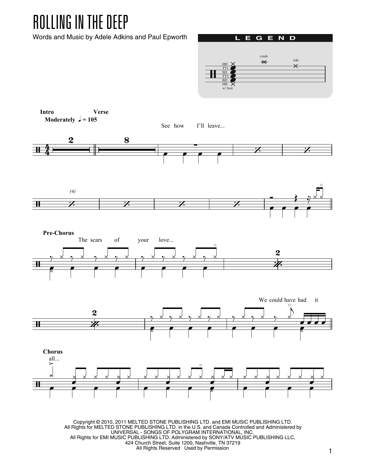 Download Adele Rolling In The Deep (arr. Kennan Wylie) Sheet Music and learn how to play Drum Chart PDF digital score in minutes