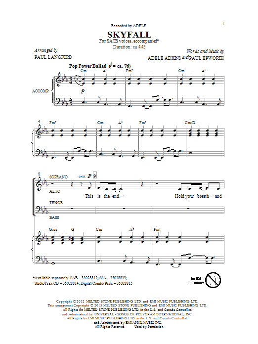 Download Paul Langford Skyfall Sheet Music and learn how to play SAB PDF digital score in minutes