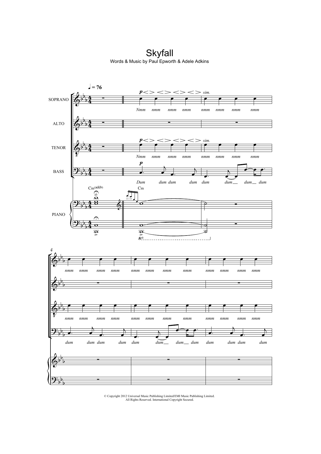 Download Adele Skyfall (arr. Thomas Lydon) Sheet Music and learn how to play SATB PDF digital score in minutes