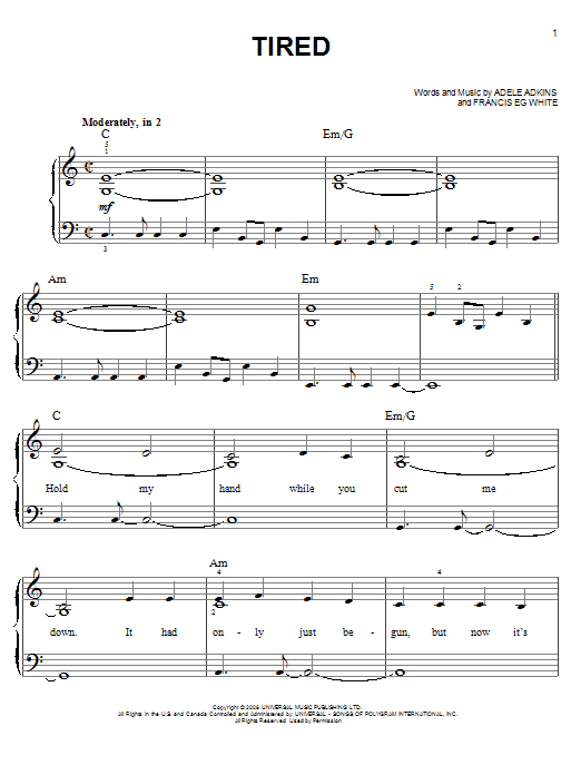 Download Adele Tired Sheet Music and learn how to play Easy Piano PDF digital score in minutes