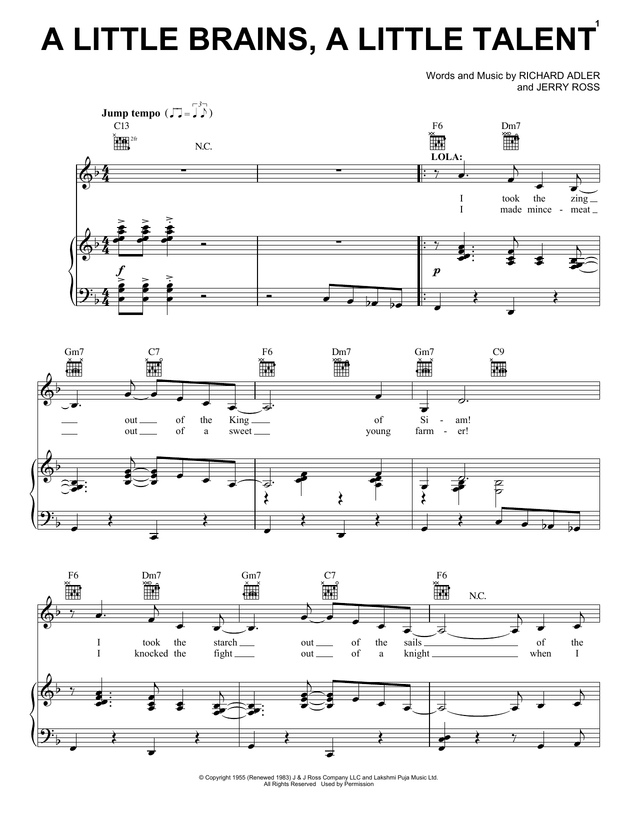 Download Adler & Ross A Little Brains, A Little Talent Sheet Music and learn how to play Piano, Vocal & Guitar (Right-Hand Melody) PDF digital score in minutes