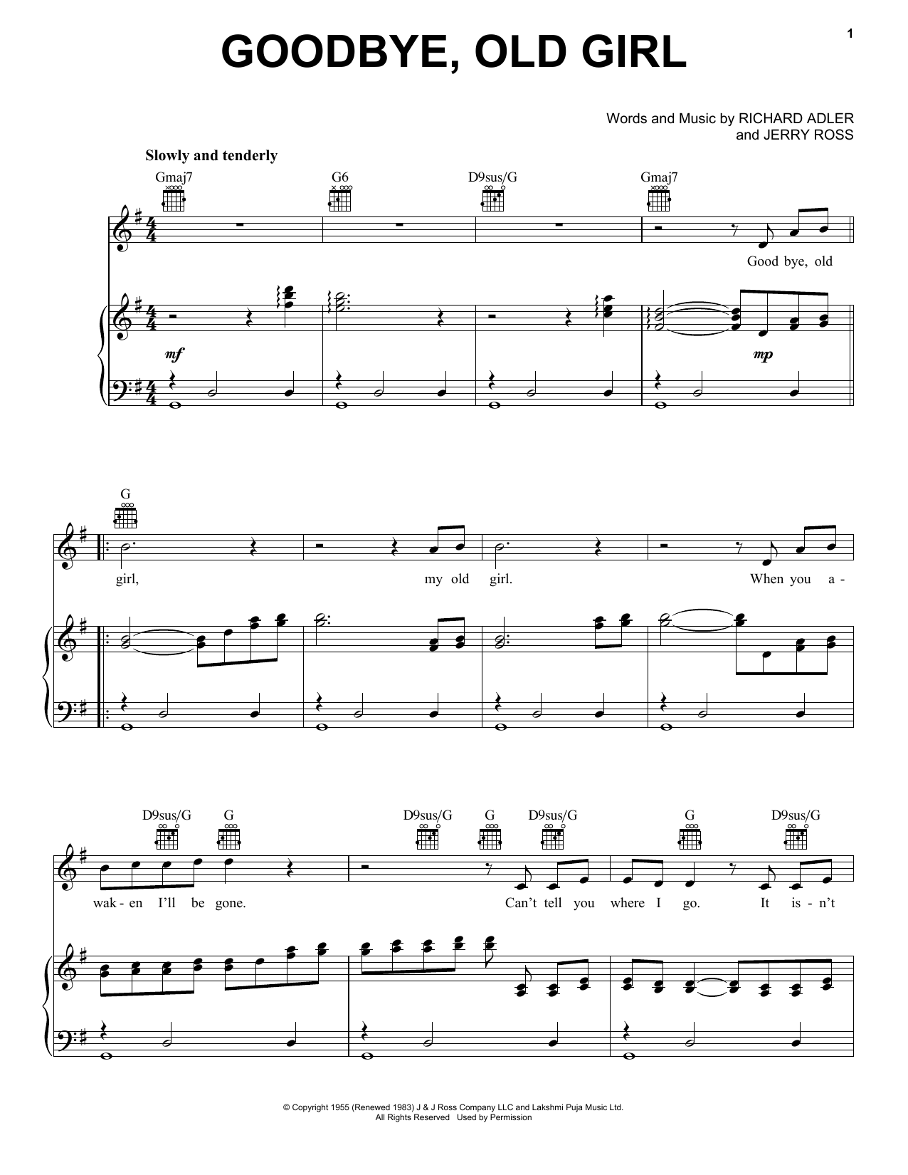 Download Adler & Ross Goodbye, Old Girl Sheet Music and learn how to play Piano, Vocal & Guitar (Right-Hand Melody) PDF digital score in minutes