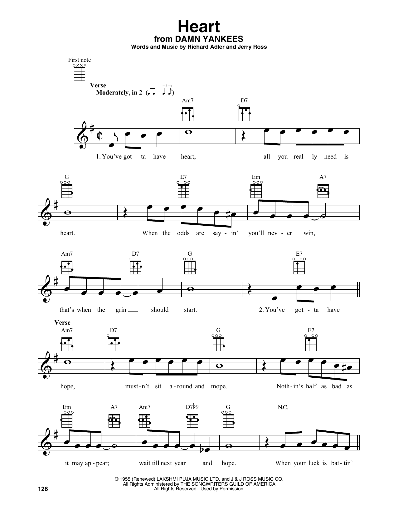 Download Adler & Ross Heart (from Damn Yankees) Sheet Music and learn how to play Baritone Ukulele PDF digital score in minutes